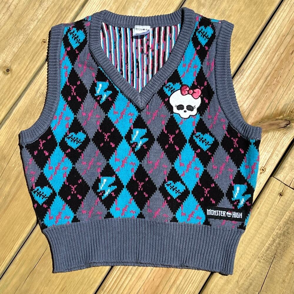 Monster High Argyle Sweater Vest Gray Black Blue S Women Dark Academia Goth